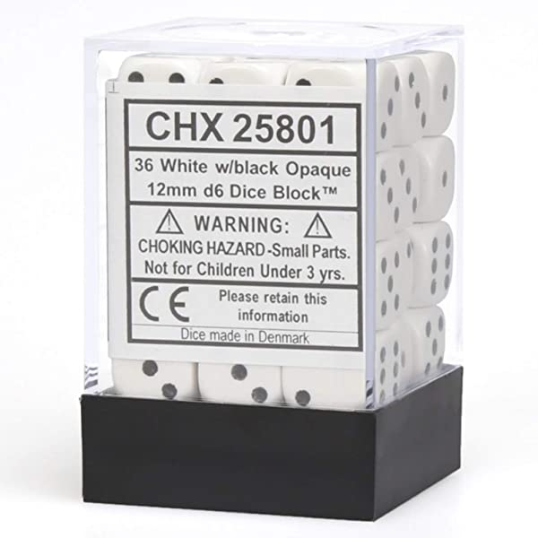 Chessex Opaque 12mm d6 White/black Dice Block (36 dice)