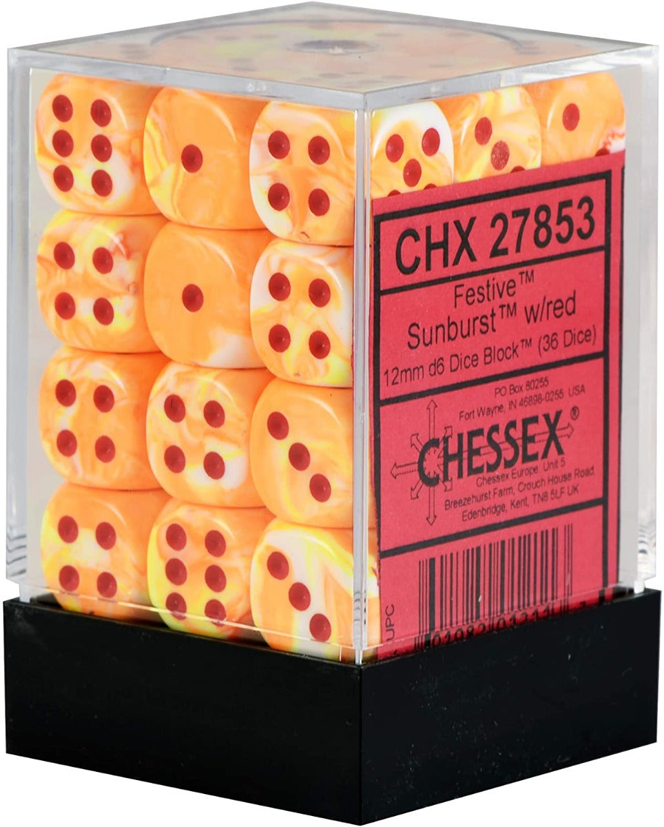 Chessex Festive 12mm d6 Sunburst/red Dice Block (36 dice)