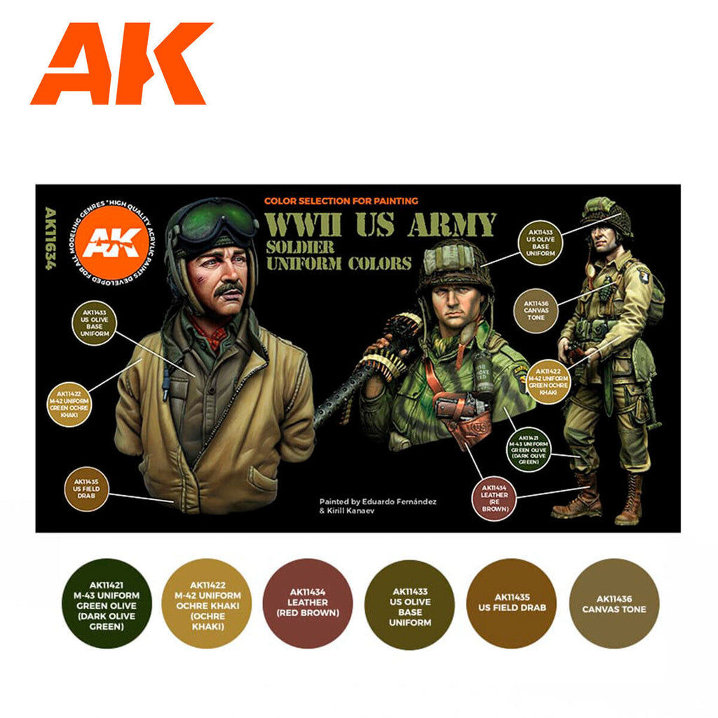 AK Interactive AK11634 Figure Series WWII US Uniforms Acrylic Paint Set 3rd Generation