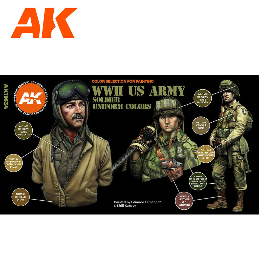 AK Interactive AK11634 Figure Series WWII US Uniforms Acrylic Paint Set 3rd Generation