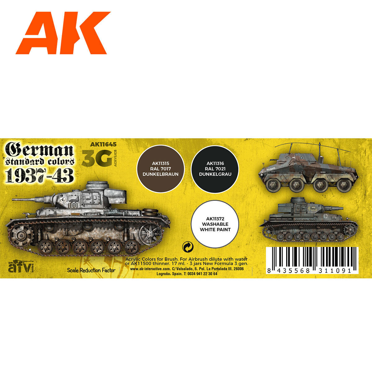 AK Interactive AK11645 AFV Series German Standard 37-44 Combo Acrylic Paint Set 3rd Generation