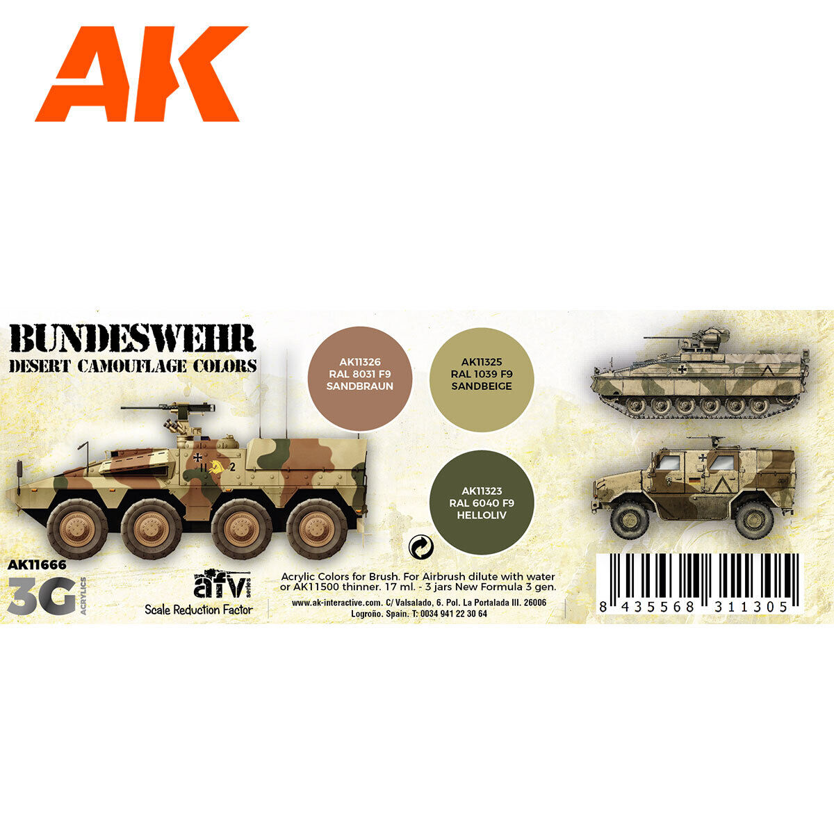 AK Interactive AK11666 AFV Series Bundeswehr Desert Colors Acrylic Paint Set 3rd Generation