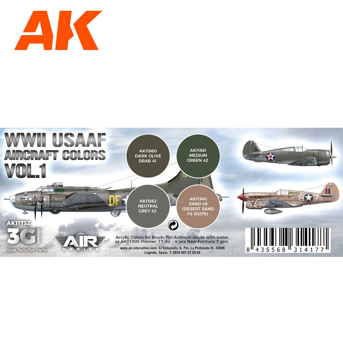 AK Interactive AK11732 Air Series WWII USAAF Aircraft Colors Vol.1 Acrylic Paint Set 3rd Generation