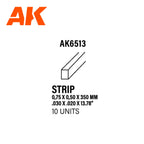 AK Interactive AK6513 Styrene Strips 0.75 x 0.50 x 350mm Pack of 10