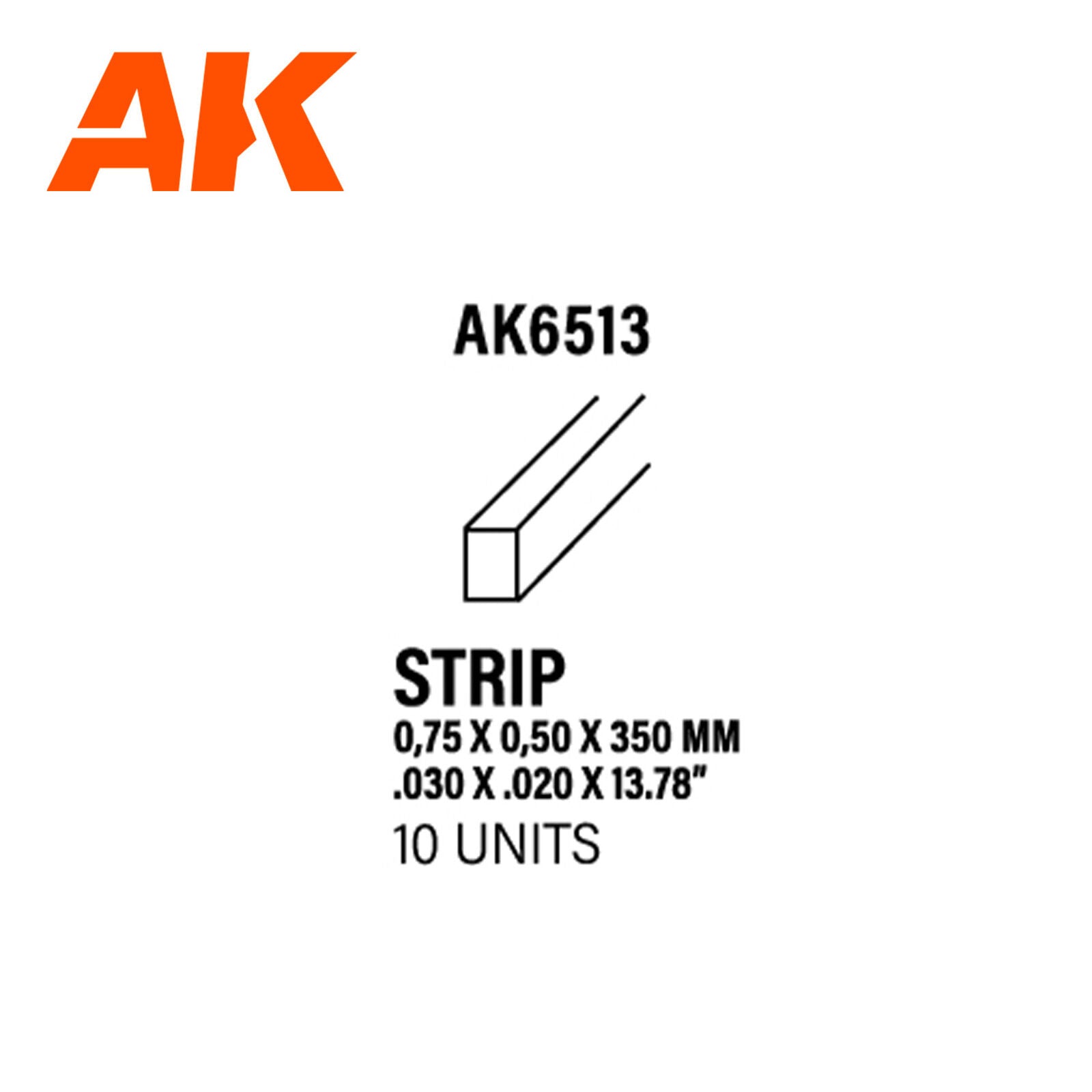 AK Interactive AK6513 Styrene Strips 0.75 x 0.50 x 350mm Pack of 10