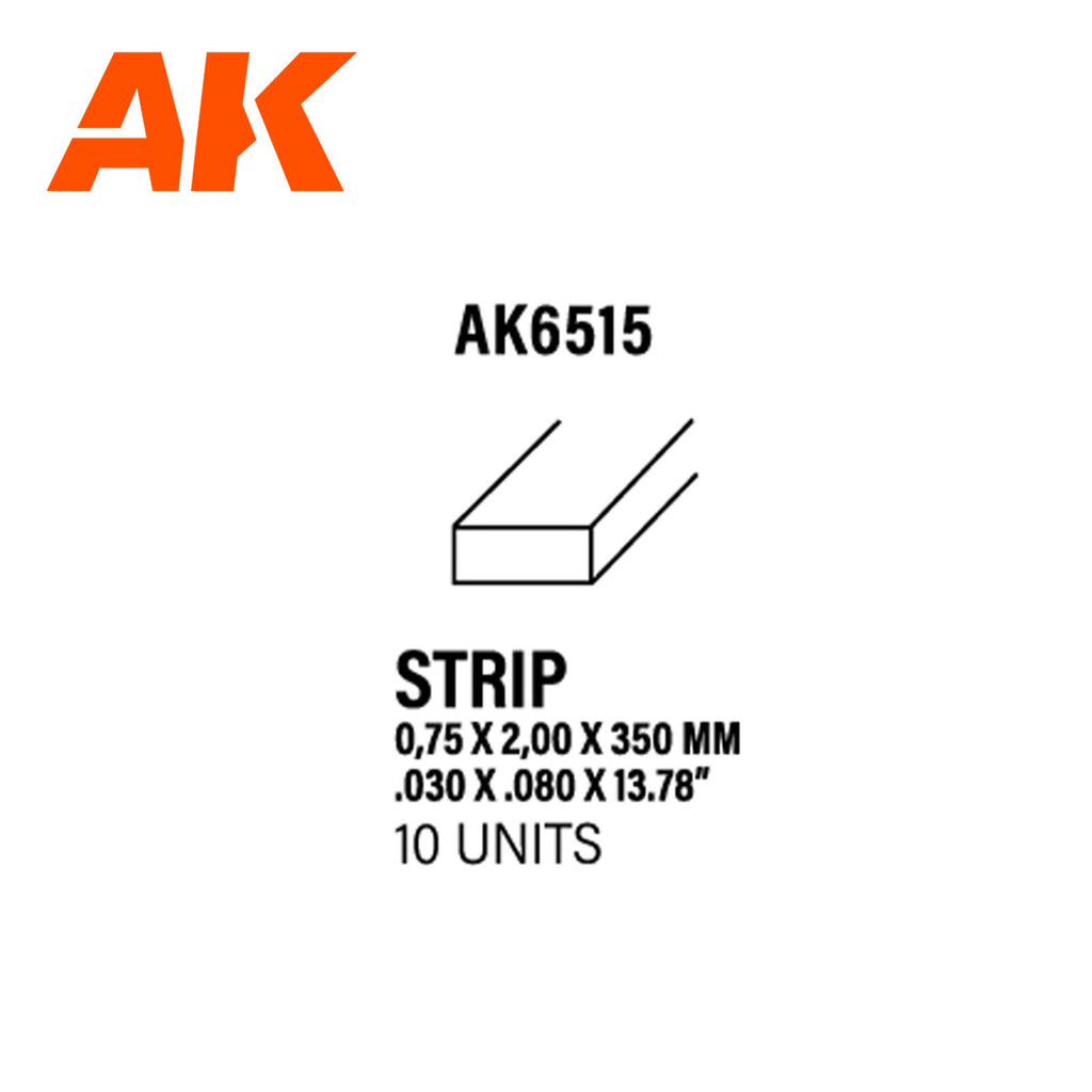 AK Interactive AK6515 Styrene Strips 0.75 x 2.00 x 350mm Pack of 10