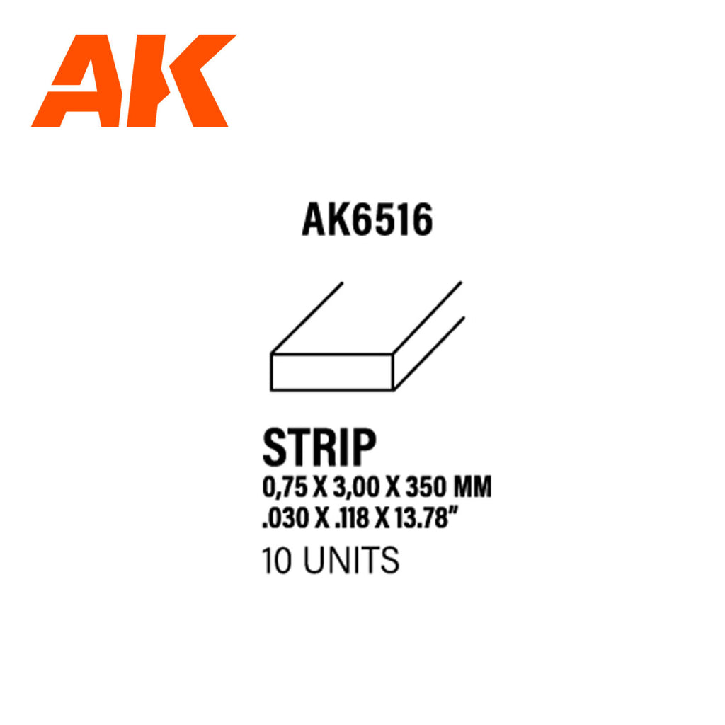 AK Interactive AK6516 Styrene Strips 0.75 x 3.00 x 350mm Pack of 10