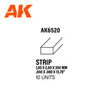 AK Interactive AK6520 Styrene Strips 1.00 x 2.00 x 350mm