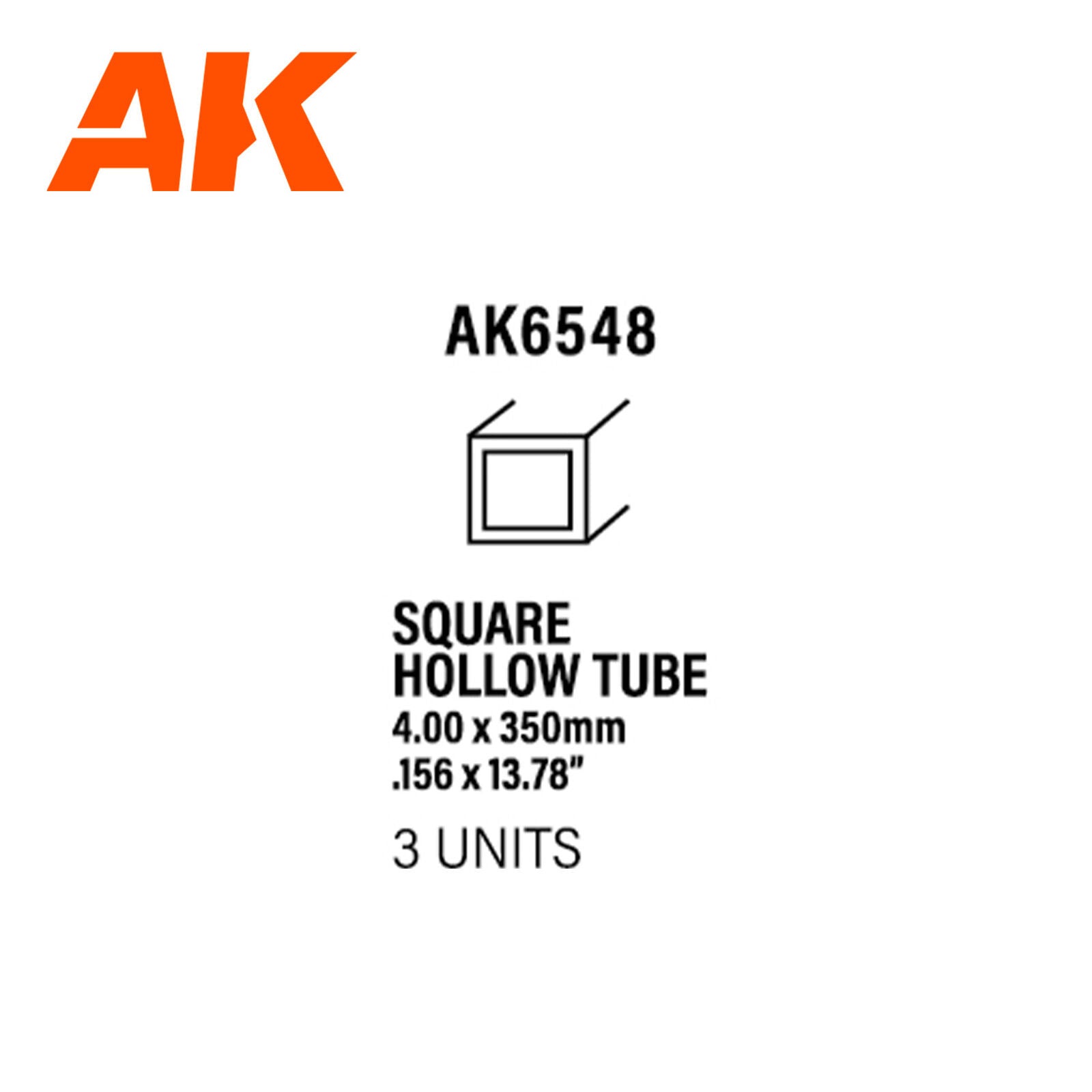 AK Interactive AK6548 Styrene Square Hollow Tube 4.00x350mm 0.7mm (Pack of 3)