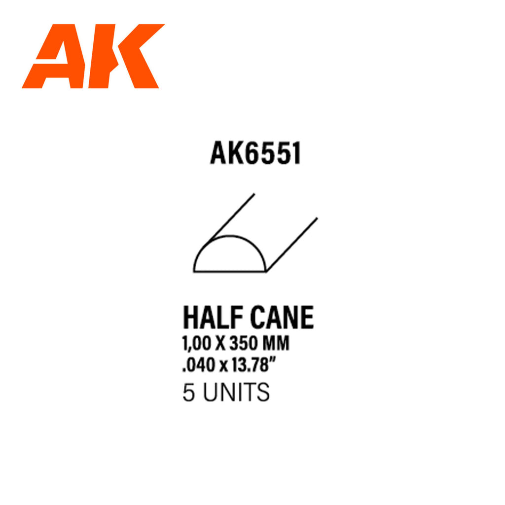 AK Interactive AK6551 Styrene Half Cane 1.00 x 350mm Pack of 5