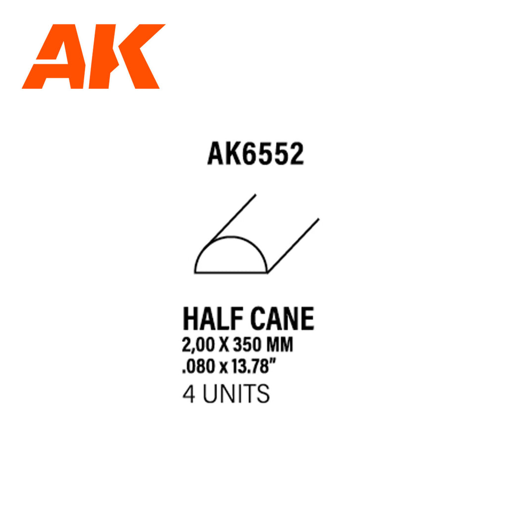 AK Interactive AK6552 Styrene Half Cane 2.00 x 350mm Pack of 4