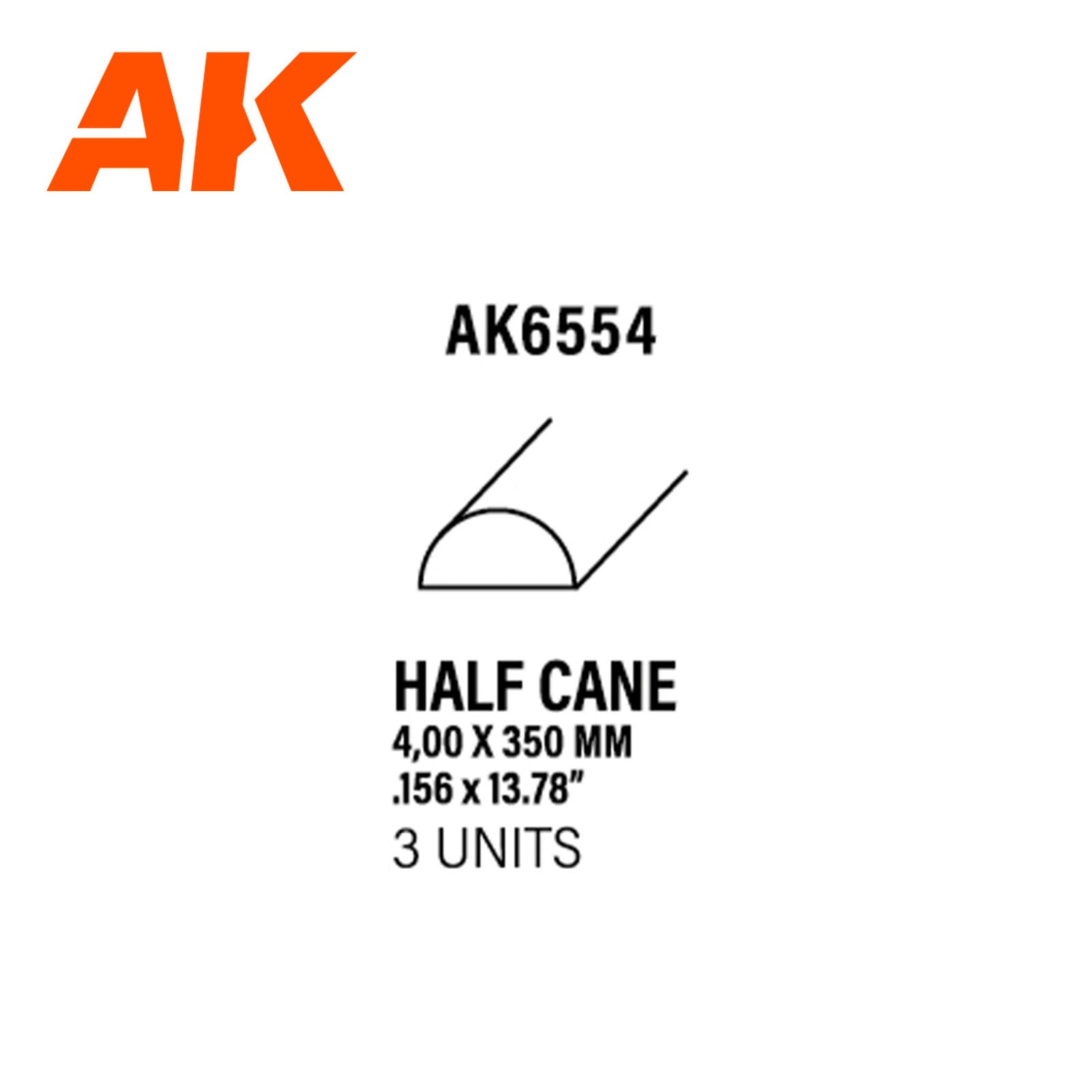 AK Interactive AK6554 Styrene Half Cane 4.00 x 350mm (Pack of 3)