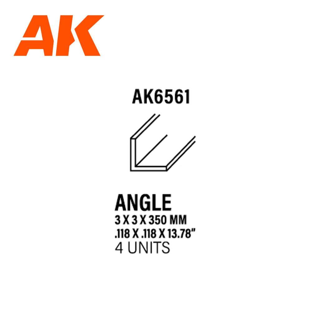 AK Interactive AK6561 Styrene Angle 2.5 x 2.5 x 350mm (Pack of 4)