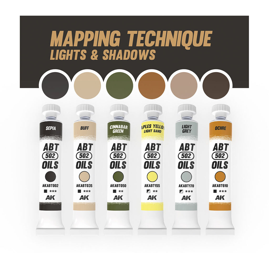 AK Interactive AKABT303 Vehicle Mapping Technique Lights & Shadows Oil Paint Set