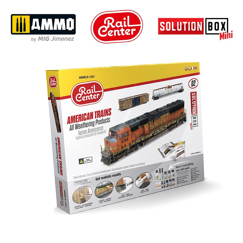 AMMO by Mig Jimenez AMMO.R-1201 AMMO RAIL CENTER SOLUTION BOX MINI #02 AMERICAN TRAINS. All Weathering Products