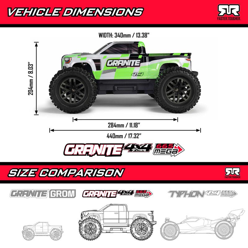 ARRMA Granite MEGA 665 4X4 RTR Brushed Green RC Monster Truck 1/10 Scale (2)