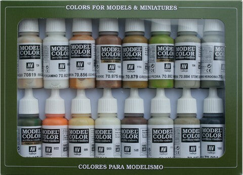 Vallejo 70141 Model Colour: Earth Tones (16 Colours) Acrylic Paint Set - Hobby City NZ (8964712366317)