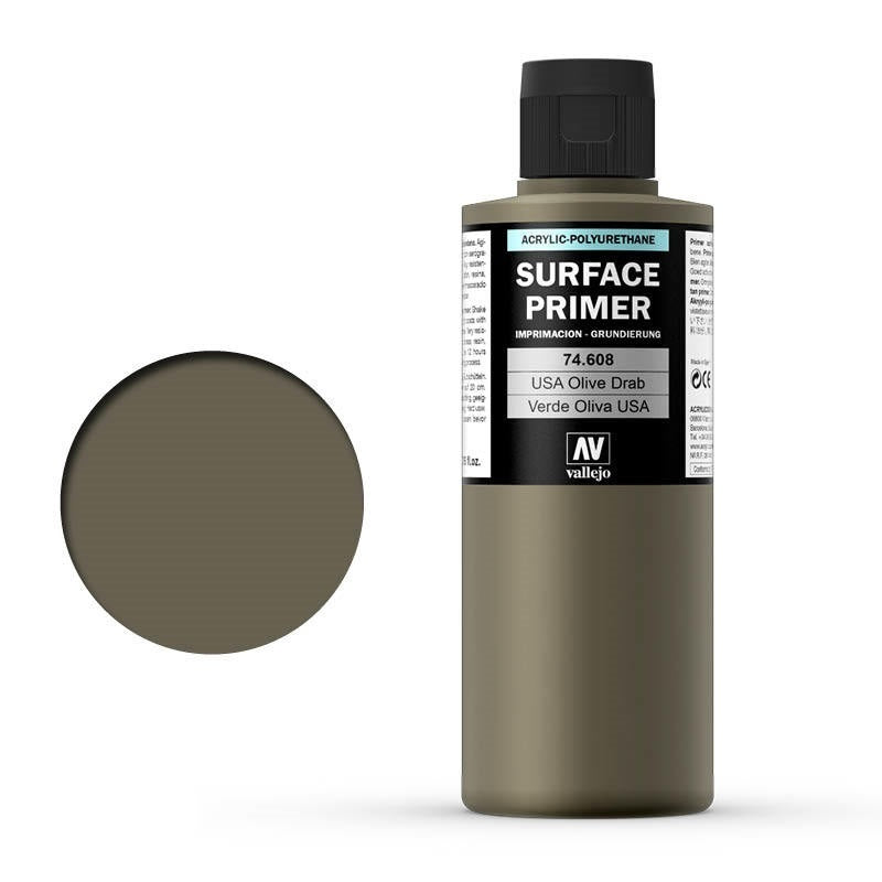 Vallejo AV74608 Surface Primer U.S. Olive Drab 200ml (8938362601709)
