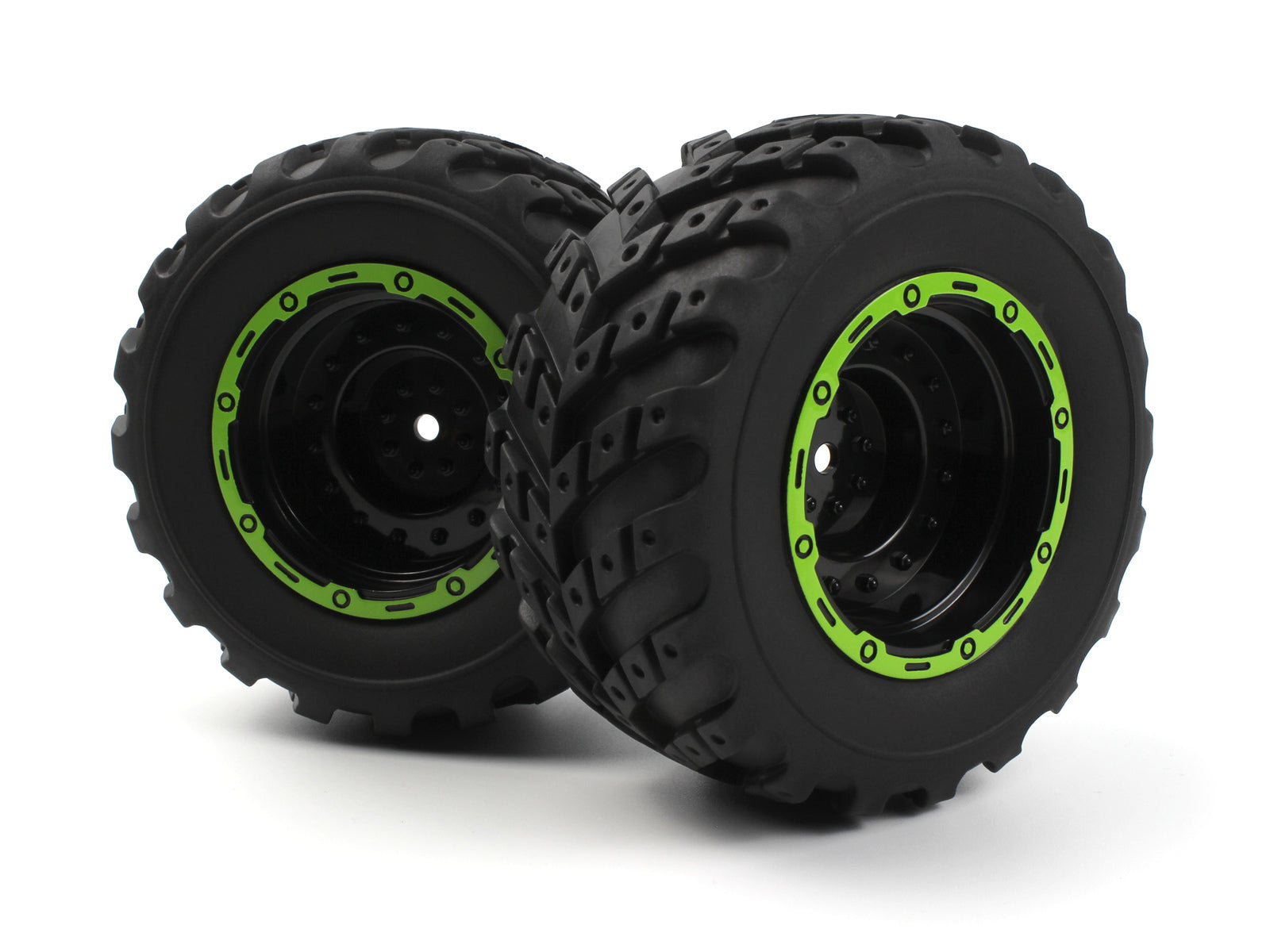 BlackZon Assembled Glued 1.9in MT Tyres Black/Green Dish Rims RC Wheel & Tyre Set