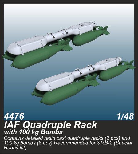 CMK 4476 1/48 IAF Quadruple Rack with 100 kg Bombs (2 pcs.) / for SMB-2 Saar and Mirage III kits - Hobby City NZ