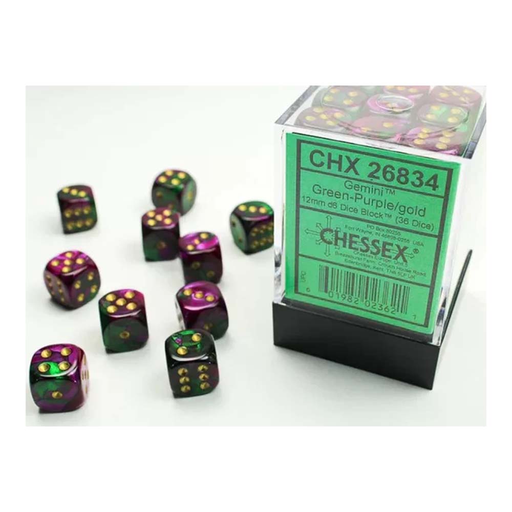 Chessex Chessex-Gemini 12mm d6(36 Dice) Green-Purple/Gold