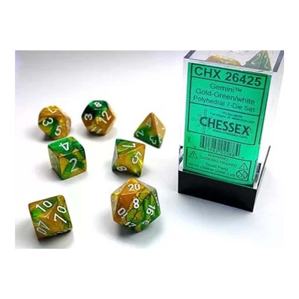 Chessex Gemini Polyhedral Dice Set Gold Green Wh