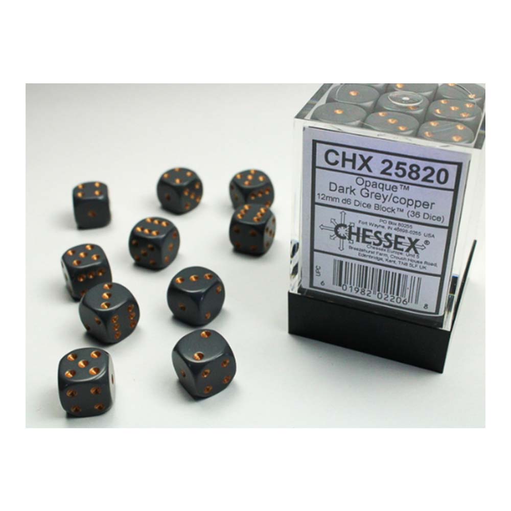 Chessex Opaque 12mm d6 (36 dice) Dark Grey/copper