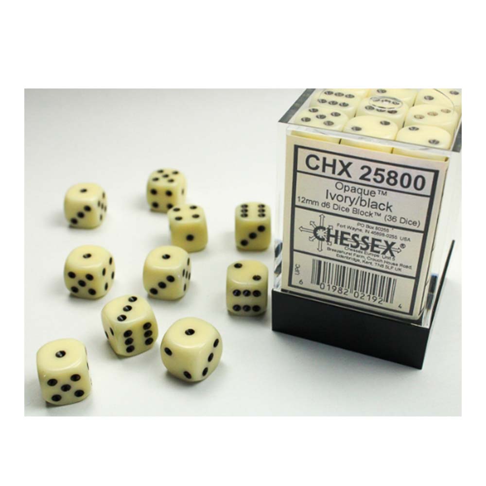 Chessex Opaque 12mm d6 (36 dice) Ivory/black