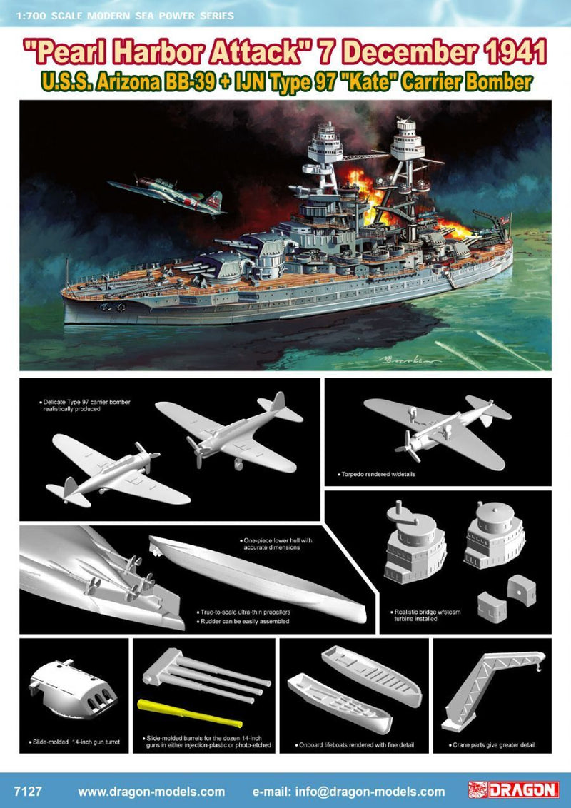 Dragon Model 7127 1/700 U.S.S. Arizona BB-39 + IJN Type 97 Kate Carrier Bomber Pearl Harbour Attack) - Hobby City NZ