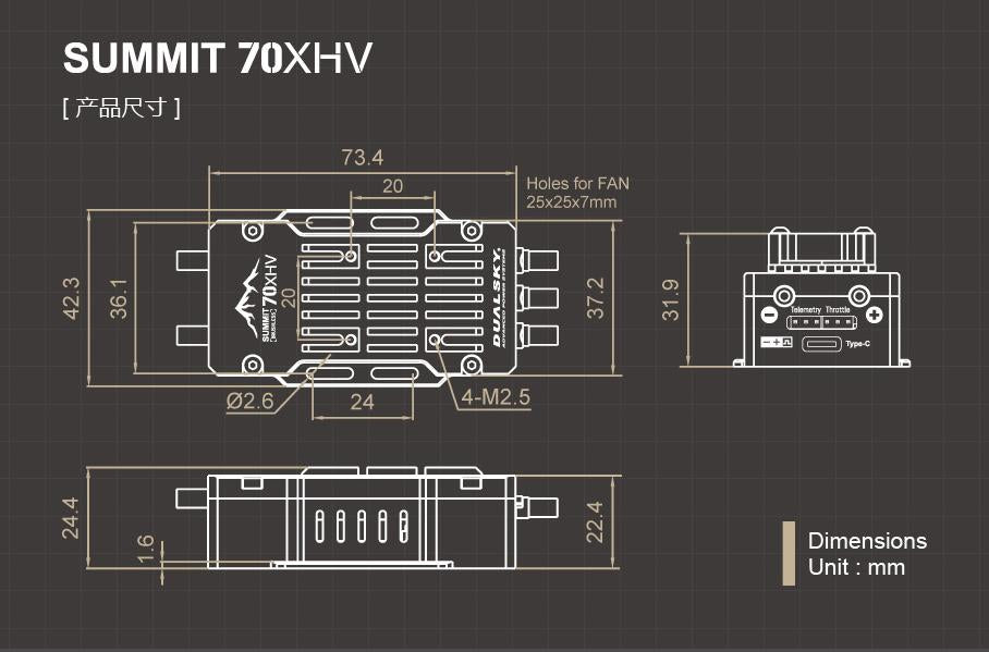 Dual Sky DSE-42284 Summit 70XHV 70Amp 5-14S Brushless Aircraft Electronic Speed Controller