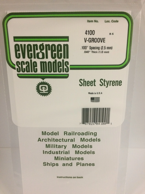 Evergreen 4100 Styrene V-Groove 0.100 Spacing (0.040 X 6 X 12") -  pieces - Hobby City NZ