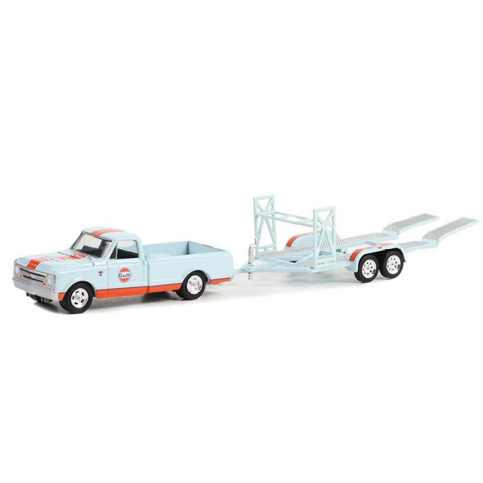 GreenLight 32270-A 1/64 1968 Chevrolet C-10 Shortbed Pickup and Tandem Car Trailer - Gulf Oil (8868025172205)