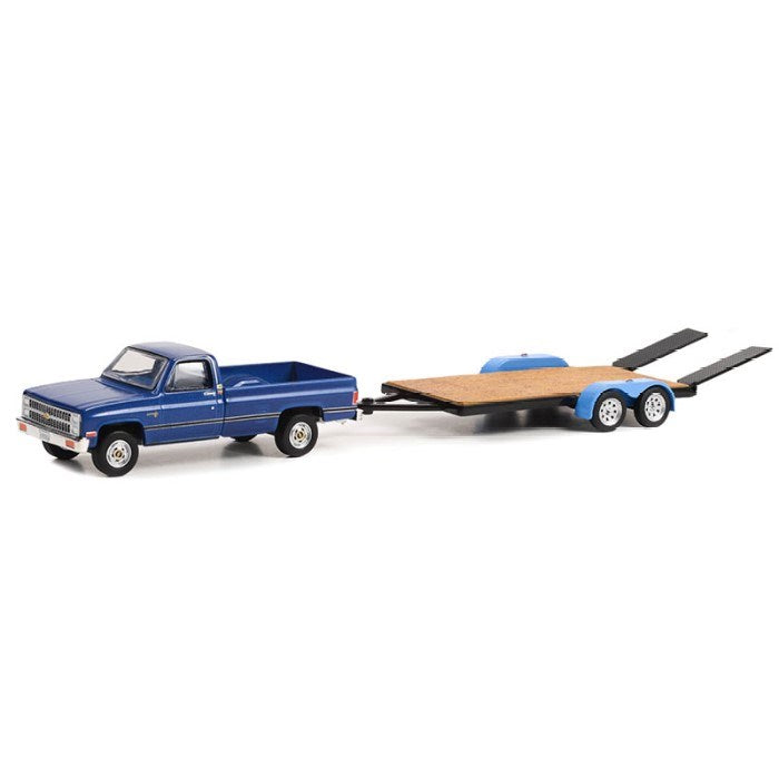 GreenLight 32270-B 1/64 1981 Chevrolet C-20 Trailering Special Pickup w/Flatbed Trailer (Blue) (8868025270509)