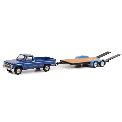 GreenLight 32270-B 1/64 1981 Chevrolet C-20 Trailering Special Pickup w/Flatbed Trailer (Blue) (8868025270509)