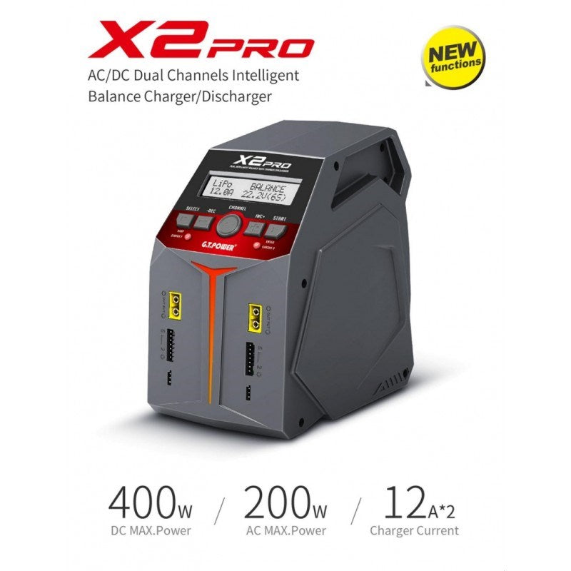 GT Power GT-X2PRO-V2 NEW X2 Pro V2 Dual Channel Smart Charger. 2x100W or 1x200w Lipo 1-6S NiCad NiMh PB. AC/DC (8446605689069)