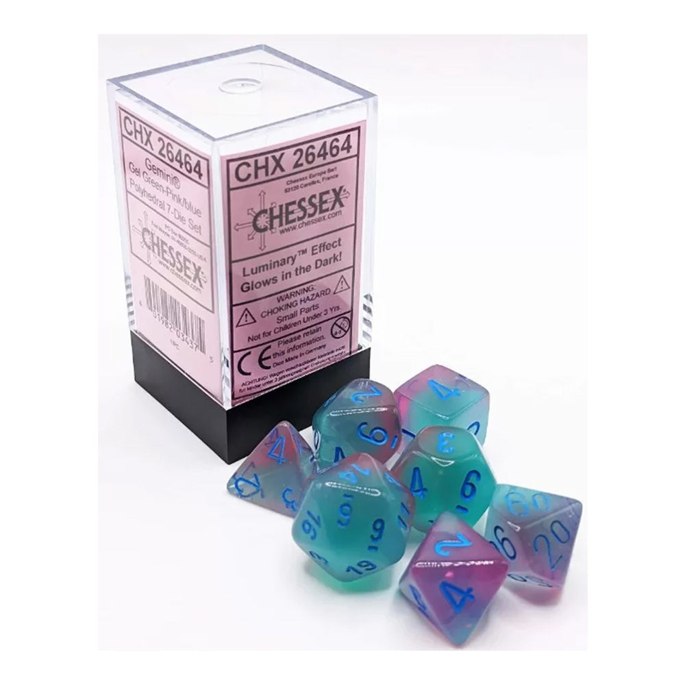 Chessex Gemini Gel Green-Pink w/blue Luminary 7-Dice Set
