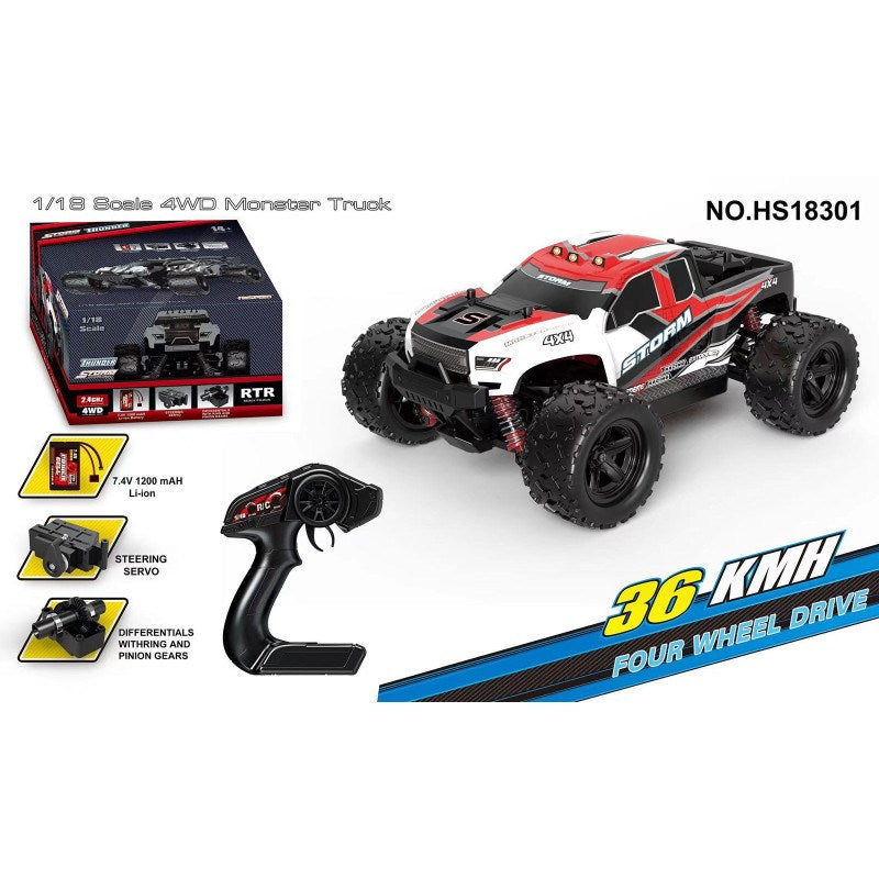 HOSpeed HS18301 1/18 Storm Brushed Monster Truck red 7.4V Li-Ion USB charge