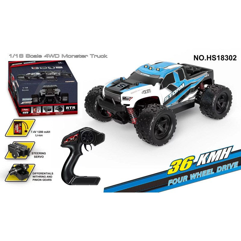HOSpeed HS18302 1/18 Storm Brushed Monster Truck blue 7.4V Li-Ion USB charge