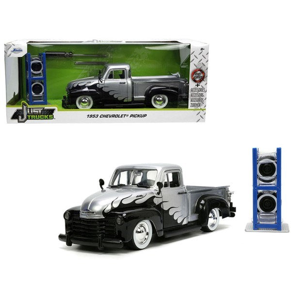 Jada 33025 1/24 1953 Chevrolet 3100 (Silver/Flames) w/Wheel Rack - Just Trucks (8062702125293)