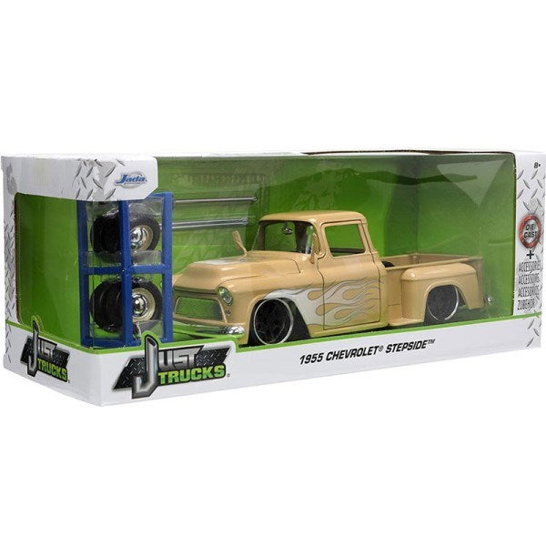 Jada 34024 1/24 1955 Chevrolet Stepside (Tan/Flames) w/Wheel Rack - Just Trucks (8137532604653)