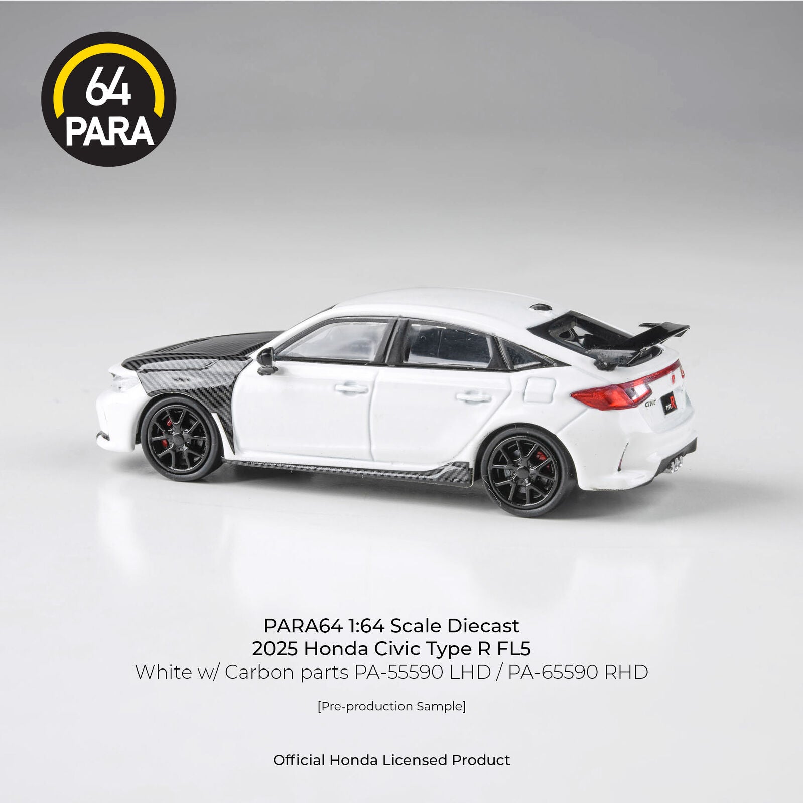 Para64 PA-65590 2023 Honda Civic Type R FL5 White with Carbon Parts RHD Diecast Model Car