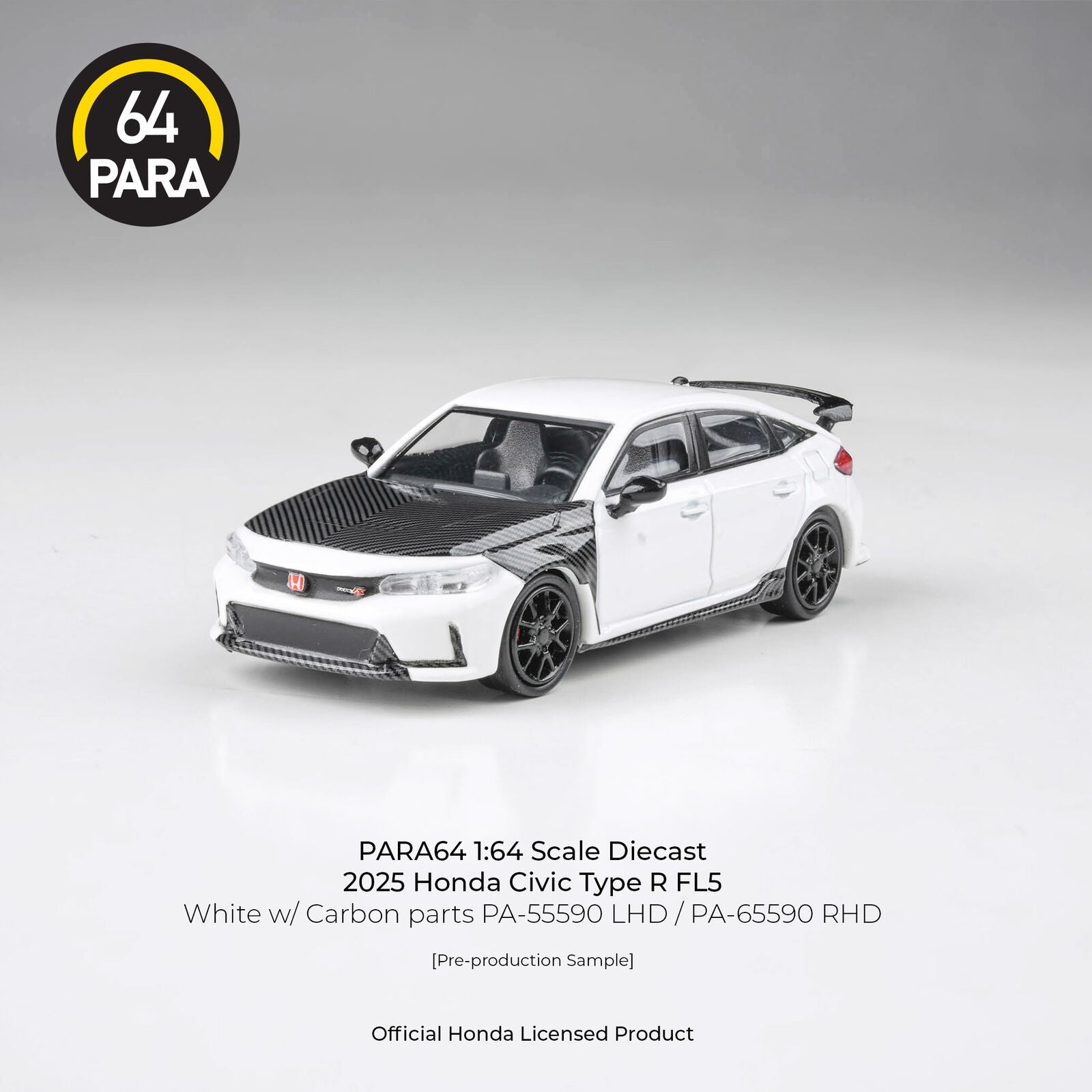 Para64 PA-65590 2023 Honda Civic Type R FL5 White with Carbon Parts RHD Diecast Model Car