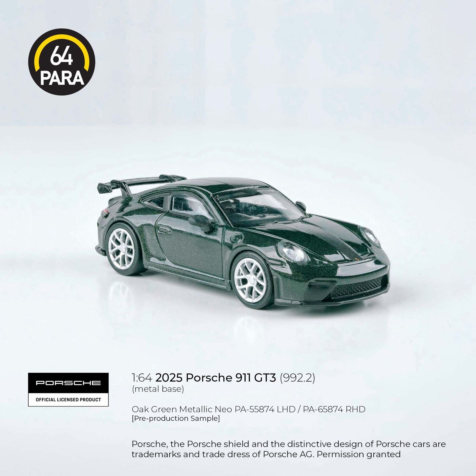 Para64 PA-65874 2025 Porsche 911 GT3 (992.2) Oak Green Metallic RHD Diecast Model Car