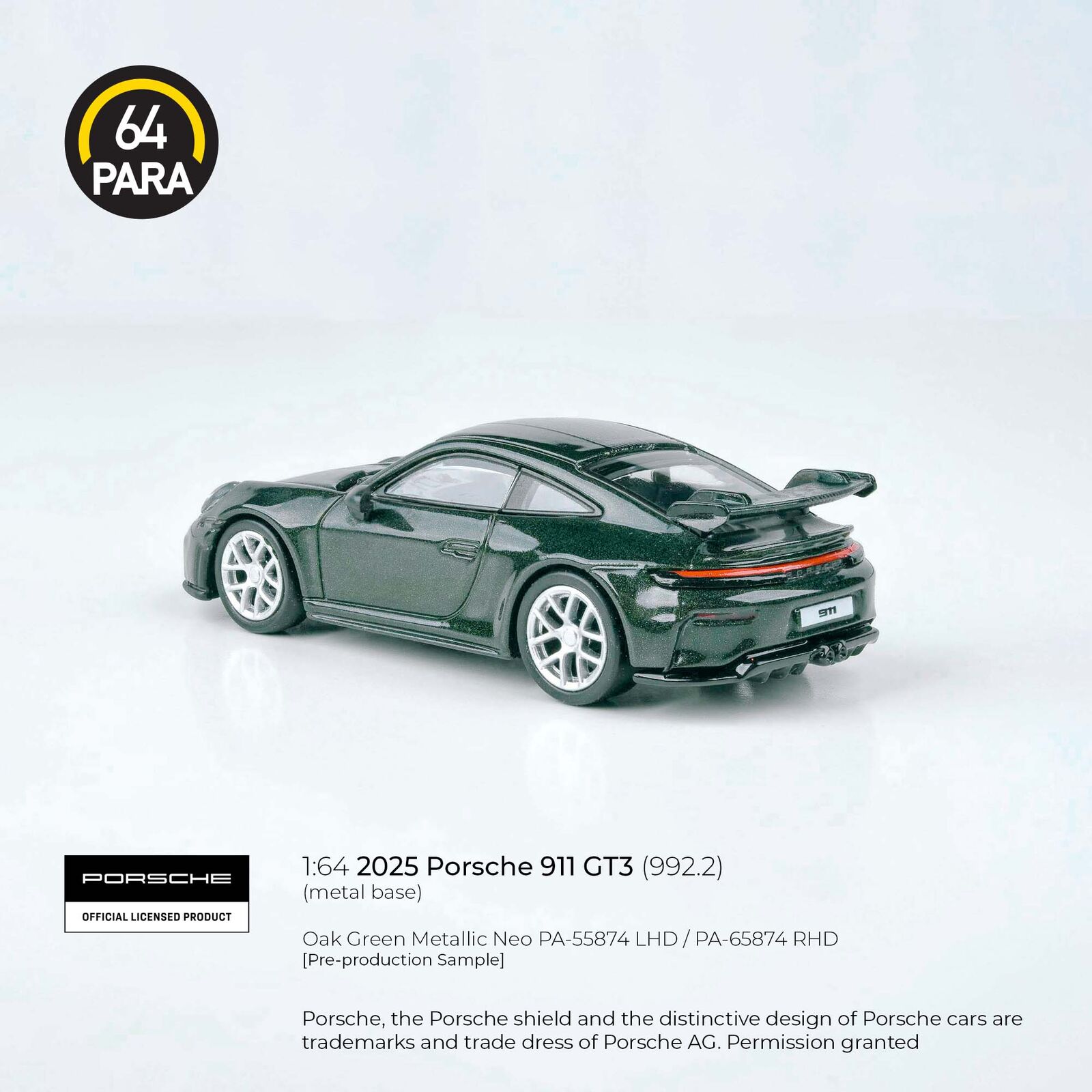 Para64 PA-65874 2025 Porsche 911 GT3 (992.2) Oak Green Metallic RHD Diecast Model Car