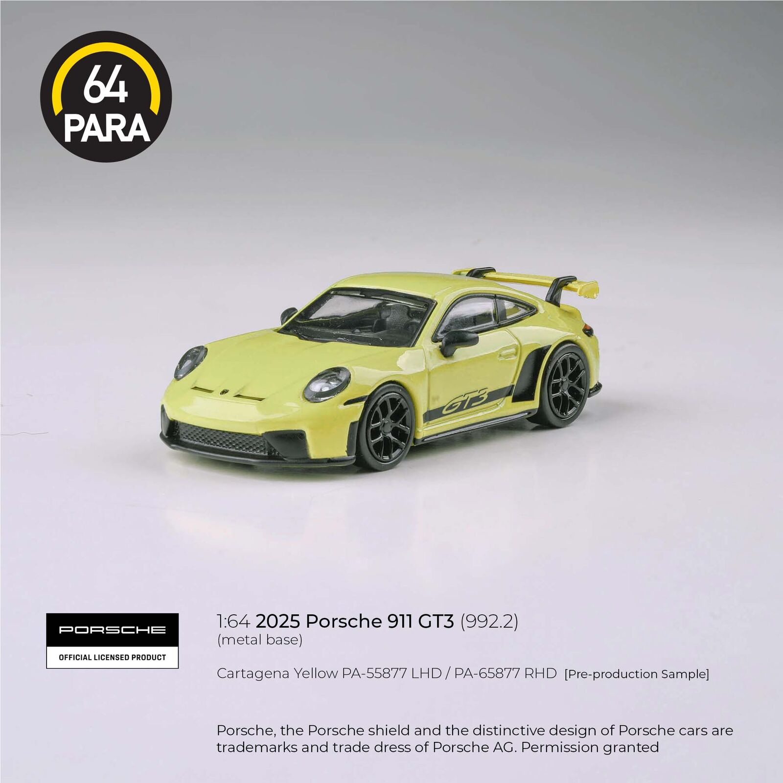 Para64 PA-65877 2025 Porsche 911 GT3 (992.2) Cartagena Yellow RHD Diecast Model Car
