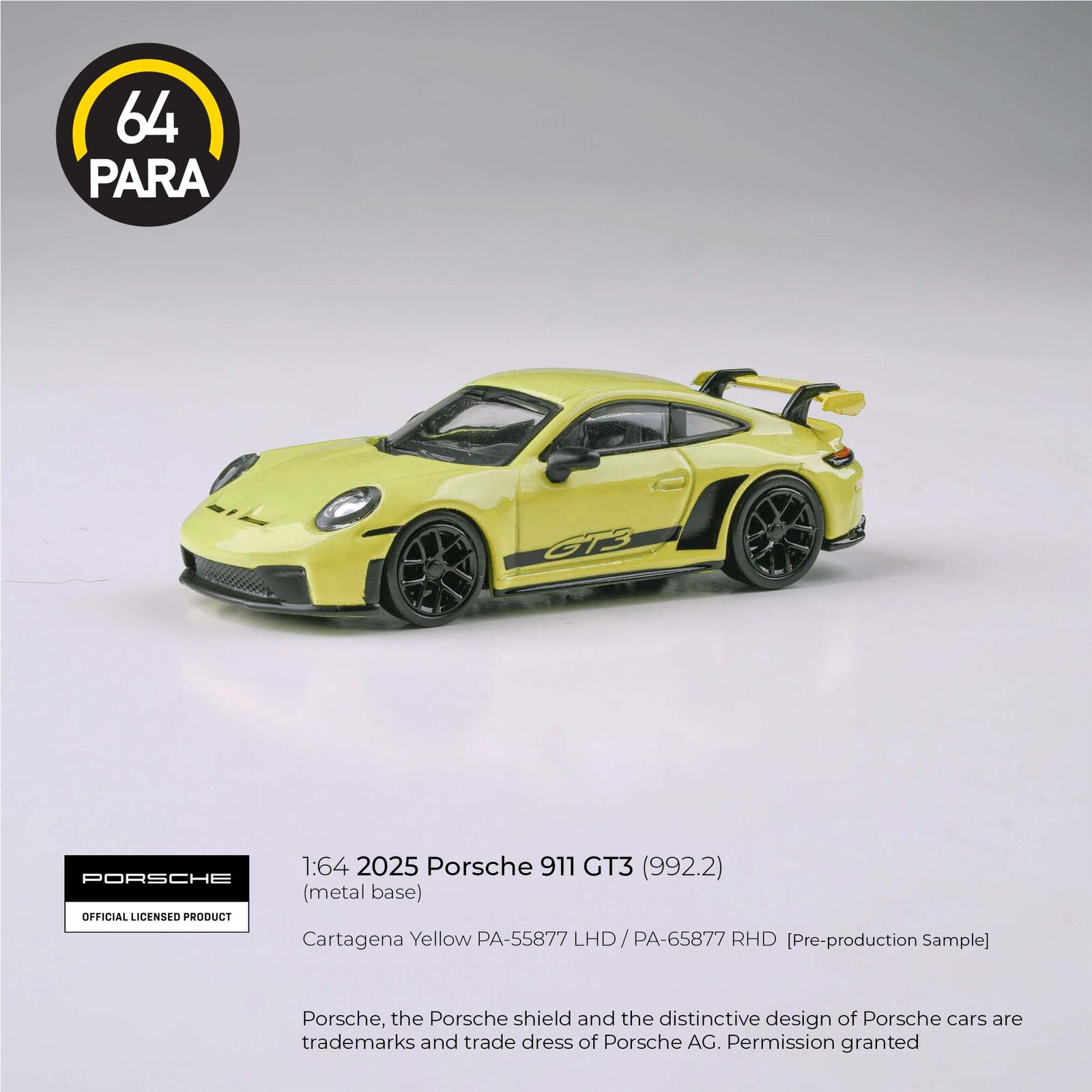 Para64 PA-65877 2025 Porsche 911 GT3 (992.2) Cartagena Yellow RHD Diecast Model Car