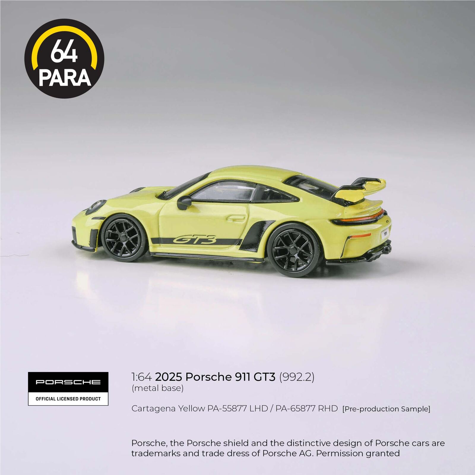 Para64 PA-65877 2025 Porsche 911 GT3 (992.2) Cartagena Yellow RHD Diecast Model Car