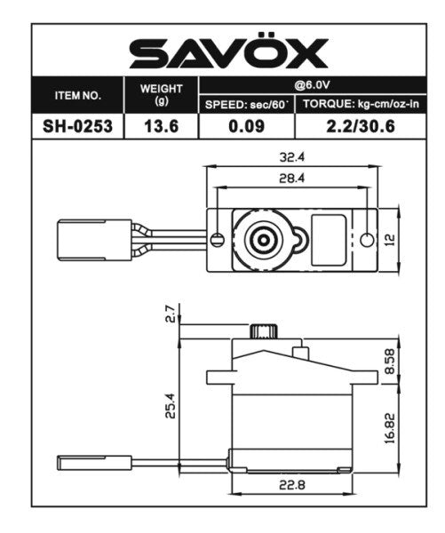Savox SH-0253 Plus Micro Digital Servo 13.6g / 2.2kg-cm (8255464210669)