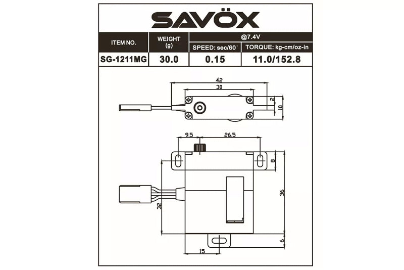 Savox SG-1211MG Savox HV Metal Gear High Torque Digital Wing Servo 11kg 0.15sec @ 7.4v 30x10x36mm 30g (9250522300653)