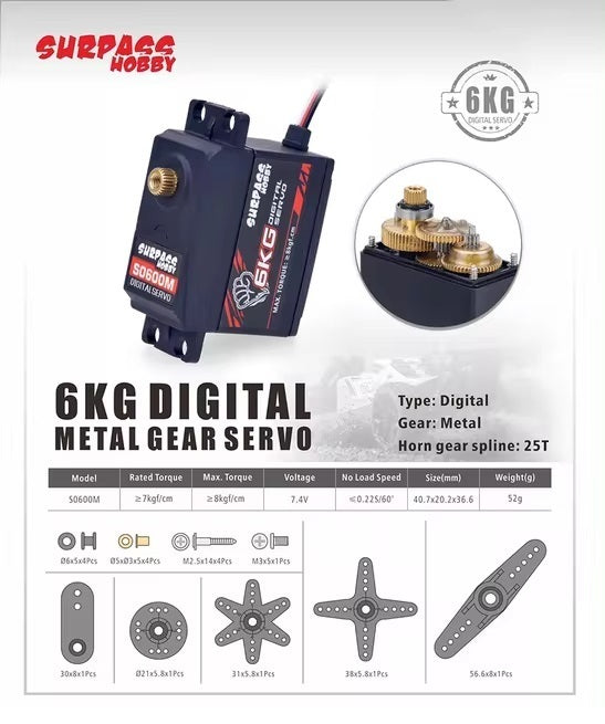 Surpass Hobby SUR-860010-08 S0600M 6KG Metal Gear Servo